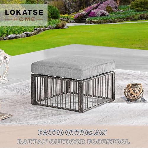 Image of LOKATSE Home Patio Footstool Outdoor Ottoman with Soft Thick Cushion for Garden Yard Deck Poolside, Gray