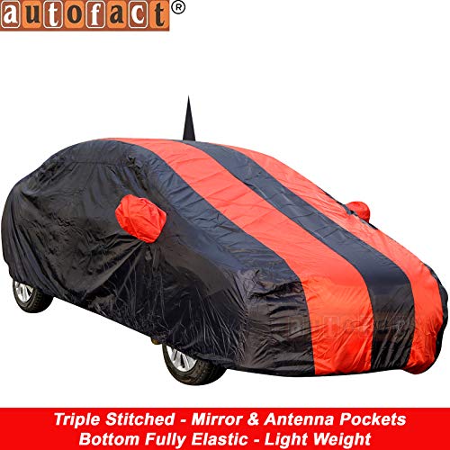 Image of Autofact Car Body Cover for Hyundai Xcent with Mirror and Antenna Pocket (Light Weight, Triple Stitched, Heavy Buckle, Bottom Fully Elastic, Red Stripes with Navy Blue Color)