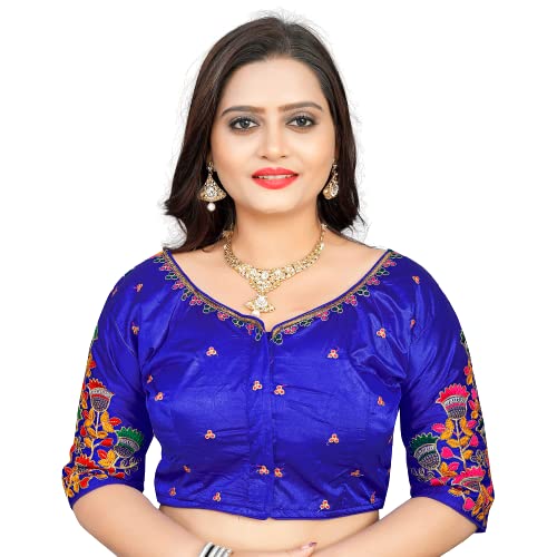 SCUBE DESIGNS Cotton Silk All Over embrodered Round Neck Cutwork Half Sleeves Saree Blouse Readymade Crop Top Choli for Girls & Womens Free Size (503)