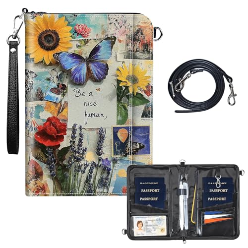 Family Passport Holder for Travel, 6 Passport Organizer Wallet with RFID Blocking and Zipper for Women & Men - Butterfly Bloom