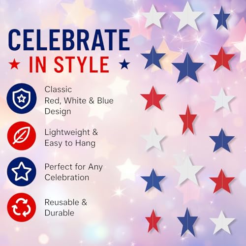 Image of Patelai Glitter Star Garland Banner 2026 Graduation Decor 130 Feet Star Hanging Banner Twinkle Backdrop for Party Birthday Classroom Wedding Supplies(White, Red, Royal Blue)