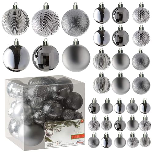 PREXTEX Christmas Tree Ornaments - Silver Christmas Ball Ornaments Set for Christmas, Holiday, Wreath and Party Decorations (36 pcs - Small, Medium, Large) Shatterproof
