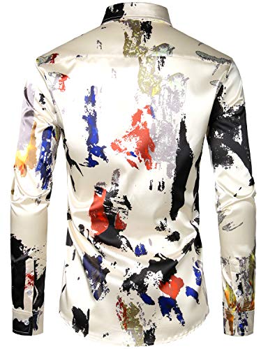 ZEROYAA Men's Hipster Fitted Silk Like Satin Dress Shirt Long Sleeve Button Down Printed Shirt for Party Prom2