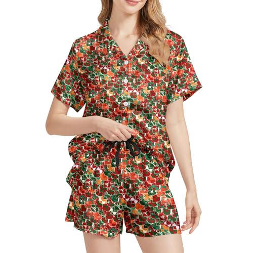 Image of Funny Pajamas for Women Set Print Satin Loungewear Pjs Short Sleeve Button Down Top and Shorts Sets Sleepwear XS-3XL
