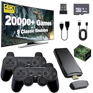 Wireless Retro Game Console, Nostalgia Stick Handheld Game Console with 20000+ Games 9 Emulators, 4K HDMI Output, 2.4g Wireless Controller Gamepad, Plug and Play Video Games for TV