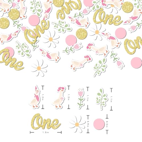 Image of 220PCS One Silly Goose Birthday Decor for Girl, Goose Dot Leaves Flower 1st Birthday Confetti for Pink and Gold First Bday Decorations.