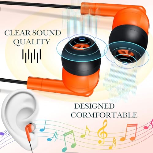 Image of Kanayu 100 Pack Wired Earbuds Bulk for Classroom, 3.5MM No Mic,Orange