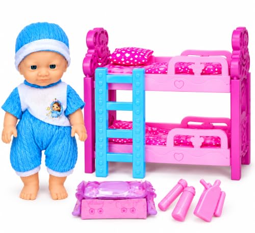 Image of Baby Dolll Bunk Bed Playset for Kids, Lovely Dolll with 2-Level Pink Bunk Bed, Blue Outfit & Cap, Dolll Accessories, Pretend Play Toy Set for Girls & Kids