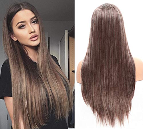 Long Straight Brown Wigs Two Tone Mixed Color Brown and Blonde Hair Replacement Wig Heat Resistant Synthetic Wig Full Wigs for Women with Free Wig Cap by fani