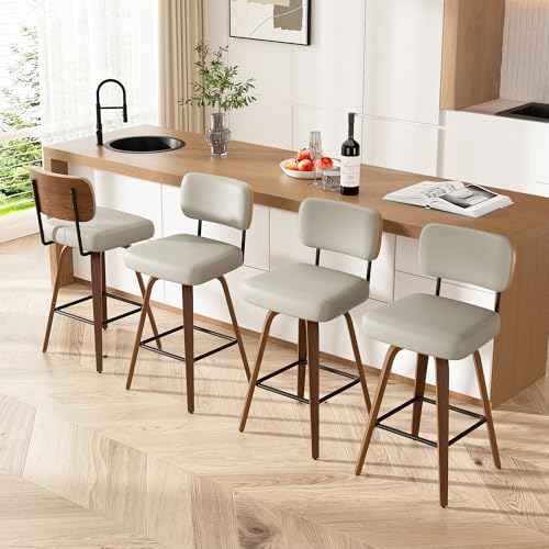 Image of Swivel Bar Stools Set of 4, 26 inch Upholstered Faux Leather Counter Height Barstools with Walnut Back & Bentwood Legs, Mid Century Modern Bar Chairs Island Stools for Kitchen Counter, Beige Grey