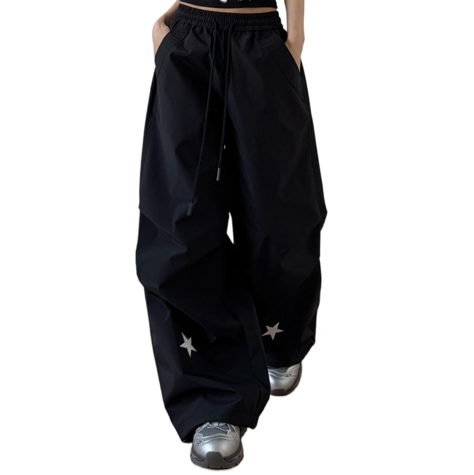 Hesaco Star Parachute Pants Women Wide Leg Baggy Pants Y2K Elastic Waist Jogger Dance Track Trousers Grunge Streetwear (Black,XX-Large)