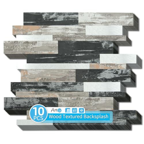 Image of Art3d Faux Stone Peel & Stick Backsplash Tile, 10 pcs, Distressed Wood