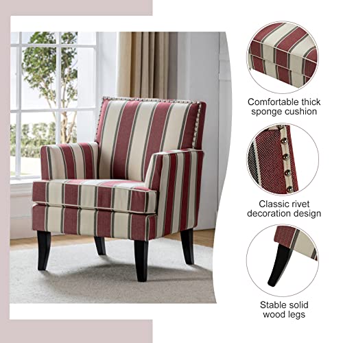 HULALA HOME Modern Accent Chair with Arms and Wooden Legs Striped Accent Chair Armchair High Back Rest Padded Armrest and Comfortable Cushioned Seat for Living Room Stripe Red