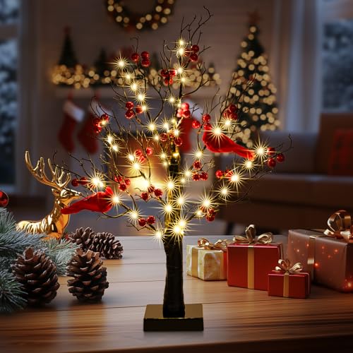 NILUTO 21 Vintage Glowing Table Tree with Cardinals Christmas Decorations LED String Lights with Twinkle Trees Lamp with Lighted Branches for Christmas Black