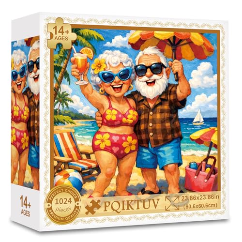 Rompecabezas de 1024 piezas para adultos, pareja mayor en vacaciones en la playa | Pintura al óleo caprichosa, rompecabezas imposible para la familia, regalo de decoración para jubilación feliz para abuelos, 23.86 x 23.86 pulgadas miniatura 6