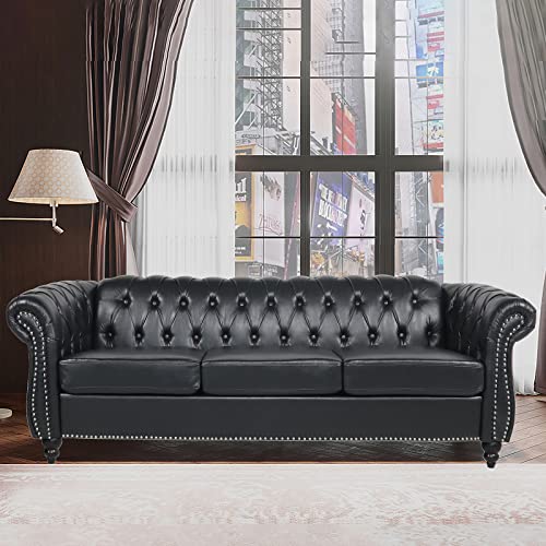 Miyzeal Chesterfield Sofa, Tufted Leather Couch Upholstered Sofa With Low Back, Roll Arm Classic 3 Seater Pu Leather Couch For Living Room Bedroom Office (Black) #TOP8