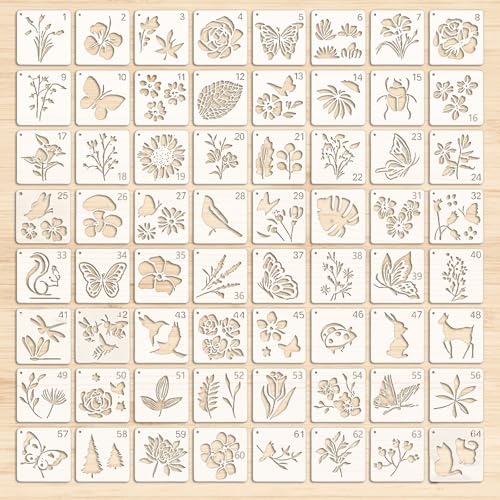 64 Stück Airbrush Schablonen Set 7.6x7.6cm für Textilgestaltung, Schablonen Malen, Schablonens Kinder, DIY Projekte, Schablones für Stoffe, Möbel und Handwerk