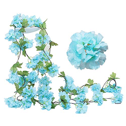 JaneYi (2 Piezas 235cm Falso Cereza de Vid Planta Flores Artificiales Colgando Hiedra Guirnalda Seda con Hojas Verdes para Interiores Al Aire Libre Casa Hotel Jardín Boda Arte Decoración (Azul) Cover