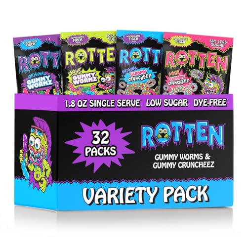 Image of Rotten Variety [Original and Sour] Gummy [Cruncheez and Worms] - Low Sugar, Low Calorie, 7g Gut-Friendly Prebiotic Fiber and 3g Protein, Gluten Free Candy - 1.8 oz - 8-Pack x 4 [One of Each Flavor]