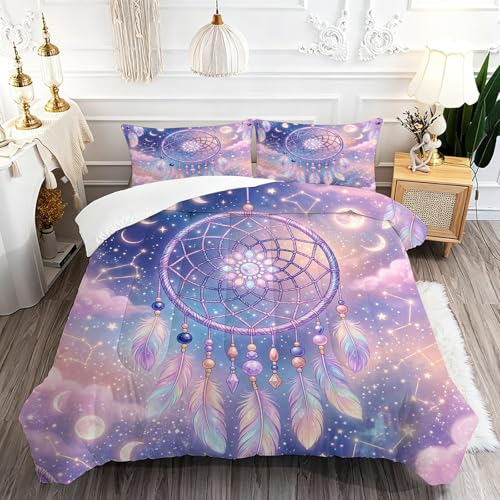 Image of Purple Dream Catcher Comforter Set, Boho Galaxy Star Moon Print Bedding Set Twin Size for Kids Boys Girls Teens, Soft Microfiber Room Decor 1 Comforter 1 Pillowcase