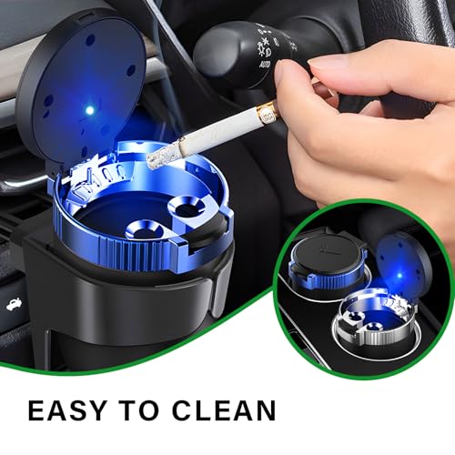 Image of KVAEY Car Ashtray with Lid, Mini Portable Car Ashtray, Detachable Stainless Steel Smokeless Ash tray with LED Blue Light, Windproof Cars Accessory for Travel Car Smokers (Blue, 1pcs)