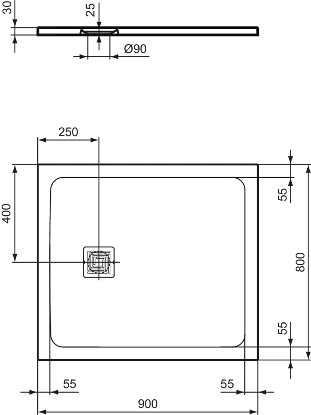 Ideal Standard - Ultra Flat S+, Plato de ducha rectangular ultrafino de resina efecto piedra, 90 x 80 cm, Ideal Solid, desagüe lado corto, arena