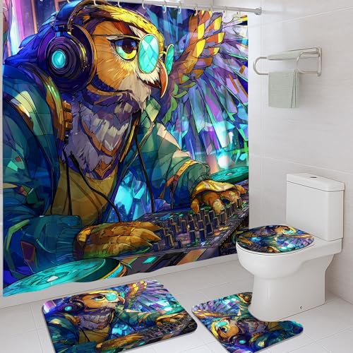 Set di 4 tende da doccia colorate con musica DJ, tappeto da bagno multicolore luminoso, accessori per la decorazione del bagno, moderna tenda da doccia in tessuto impermeabile con ganci, 182 x 183 cm