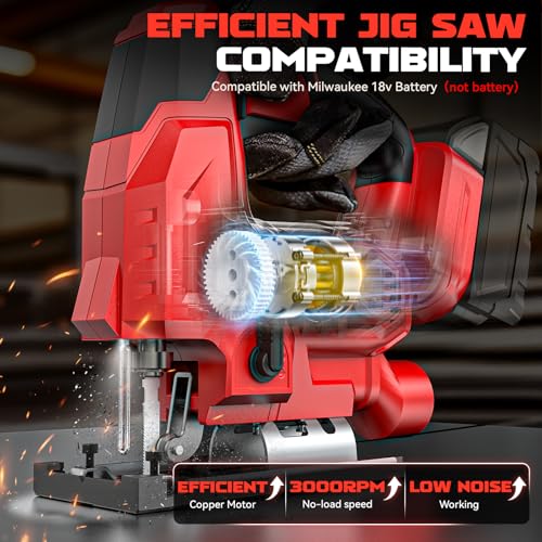 Image of Ecarke Cordless Jig Saw Compatible With Milwaukee 18V Battery, 4 Orbital Sets, 6 Variable Speeds Control, Dust-Blowing, ±45 Bevel Cuts, LED Light & 6PCS Blades for Straight Curve Cutting, Tool Only