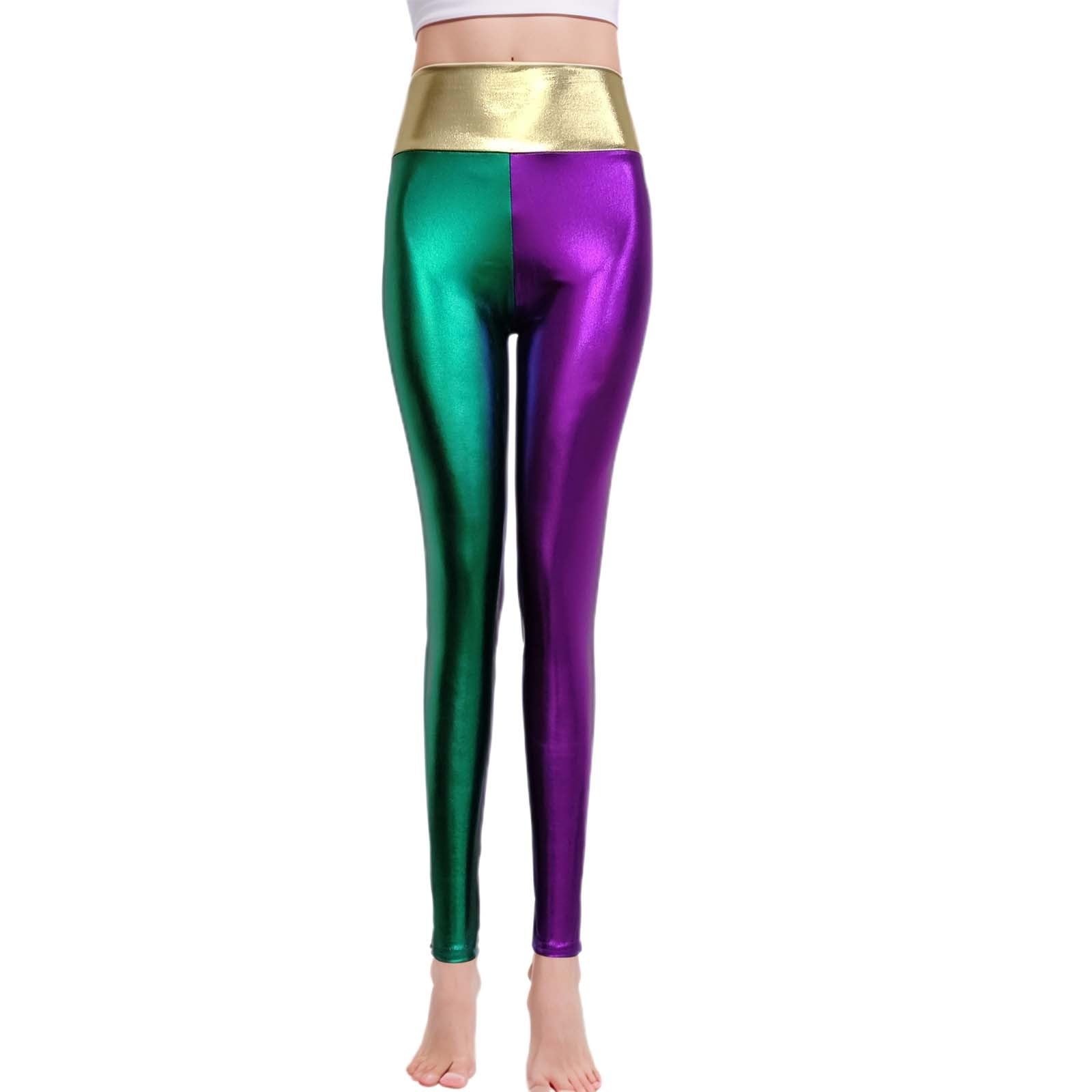 Ladies 80s Retro Metallic Shiny Wet Look Leggings Adult Disco Fancy Dress Costume Womens Outfit Pants Dark Green