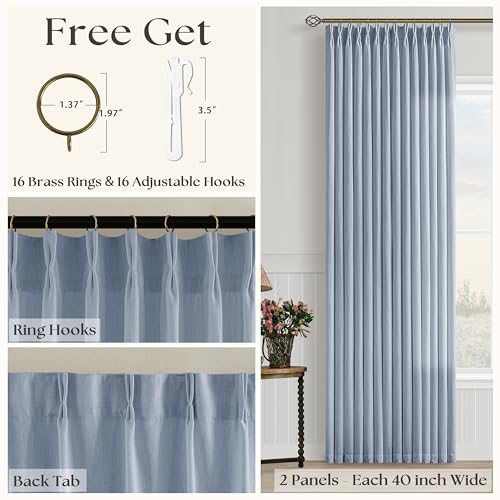 Image of Dusty Blue Pinch Pleated Semi Sheer Linen Curtains 120 Inch Length