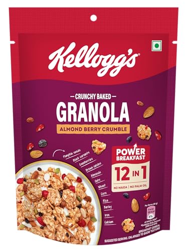 Image of Kellogg's Crunchy Almond Berry Crumble Granola 140g | 12-In-1 Power Breakfast | No Maida, No Palm Oil | Source of Protein & Fibre | Baked Multigrain Clusters
