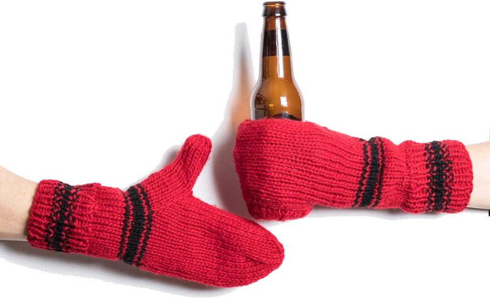 Red Black Striped Beer Mitten Set Wool Tailgating Mitten Pair Glove