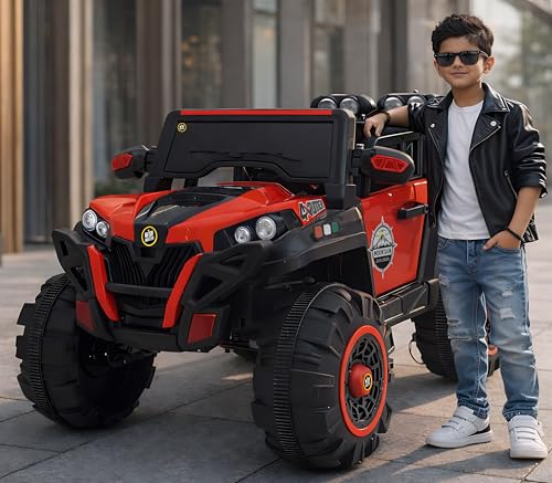 Image of Driving EV Cars for 1, 2, 3, 4, 5, 6 Years | Remote + Steering + Mobile App Control | Kids Jeeps (Jumbo Size KAB2188 [1-8 Year Kids], Bright Red)