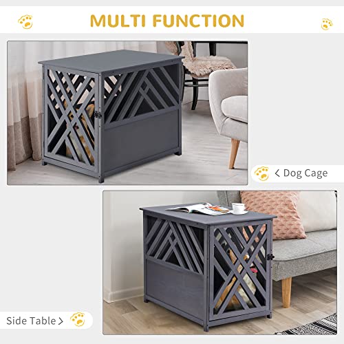 Pawhut Furniture Style Wood Dog Crate End Table Decorative Dog Cage Kennel Lattice Night Stand With Lockable Door, Grey #TOP3
