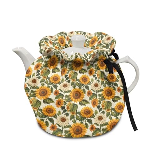 Image of Yellow Sunflower Insulated Dustproof Kitchen Tea Pot Dust Cover Breakfast Warmer Tea Cozies with Drawstring for Home Kitchen Table Decoration