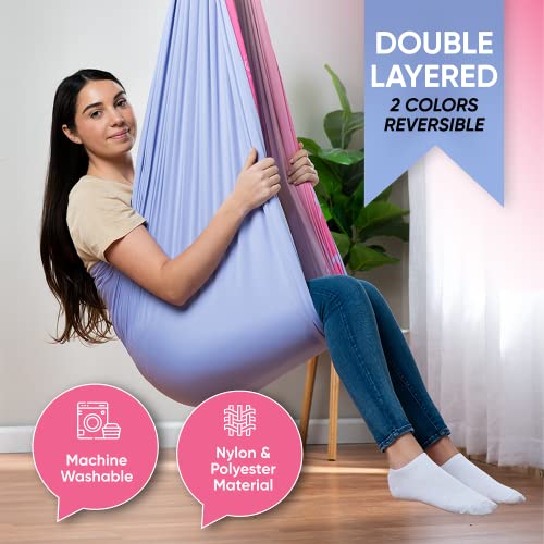 Image of Indoor Sensory Swing for Kids or Outdoor - Holds 300lbs, Double-Layer, & 360 Swivel, Calming Compression Therapy Swing Hammock for Kids & Adults with All Hardware - Sensory-Motor Toys & Gifts