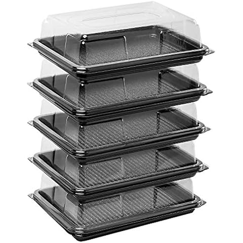 Deli Supplies Pack of 5 Mini Rectangle Food, Cake, Sandwich Platter Tray Set, Black Tray Base with Clear Lid Durable Buffet Catering Food Sandwich Trays (L250mm x W180mm x 70mm with Lids) Cover
