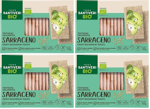 SANTIVERI - Tostadas Trigo Sarraceno Bio, Tostadas Ecológicas, Crujientes y Ligeras, Sin Azúcares Añadidos, Sin Gluten, Vegano - 100 g (Paquete de 4)