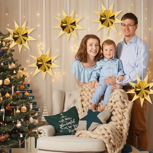 Image of 12 Inches 5 PCS Gold Paper Star Lanterns Christmas Party Decorations Hanging Stars Wedding Birthday Christmas Home Party Decorations(9 Pointed)