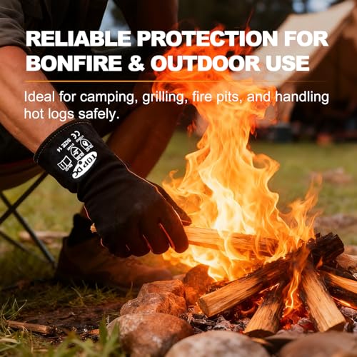 TOPDC Schweißerhandschuhe 35 cm – Hitzebeständige Lederhandschuhe für MIG, TIG, Elektrode, Schmiede, BBQ, Grill, Kamin, Holzofen, Ofen & Feuerstelle