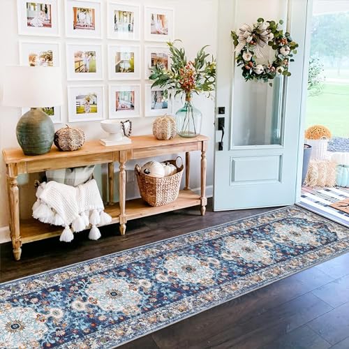Alfombra de pasillo bohemia de 2x12 pies azul lavable para cocina 7