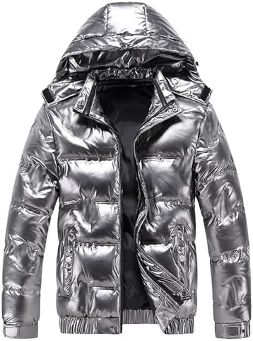 JEsilunmaMY Mens Thermal Shiny Hooded Puffer Jackets Winter Coats Water-Resistant Down Coats Insulated Puffy Padded Coat