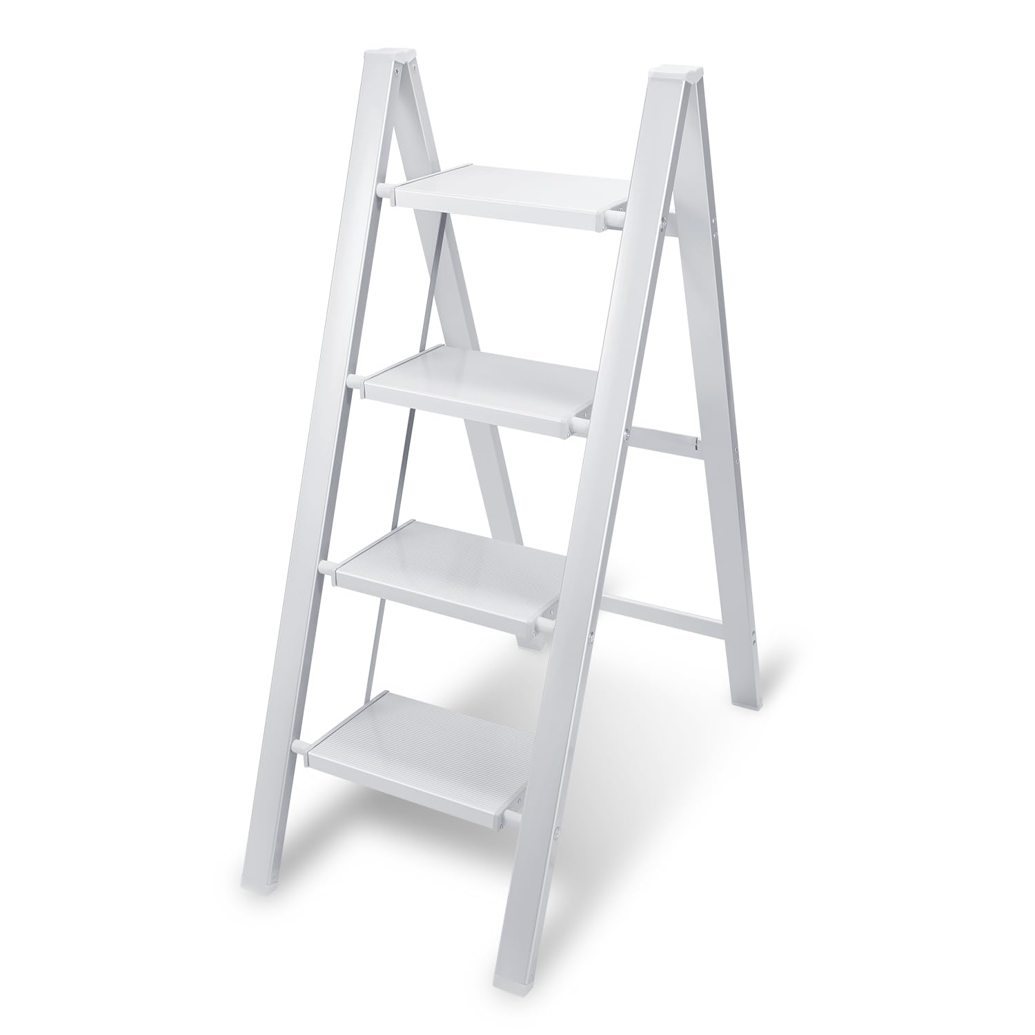 Aluminium Stufenleiter, 4 Stufen Klapptritt, Aluminium Tritthocker, rutschfeste Stehleiter, klein und kompakt, Belastbar bis 150 kg für Haushalt/Büro/Tragbare Lagerregal(Weiß)