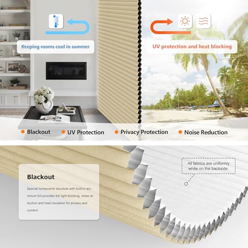 Image of LazBlinds No Tools No Drill Cordless Cellular Shades, Top Down Bottom Up (TDBU) Honeycomb Shades for Home, Blackout Light Blocking Thermal Insulation Blinds for Windows, 20 inch W x 48 inch H, Beige