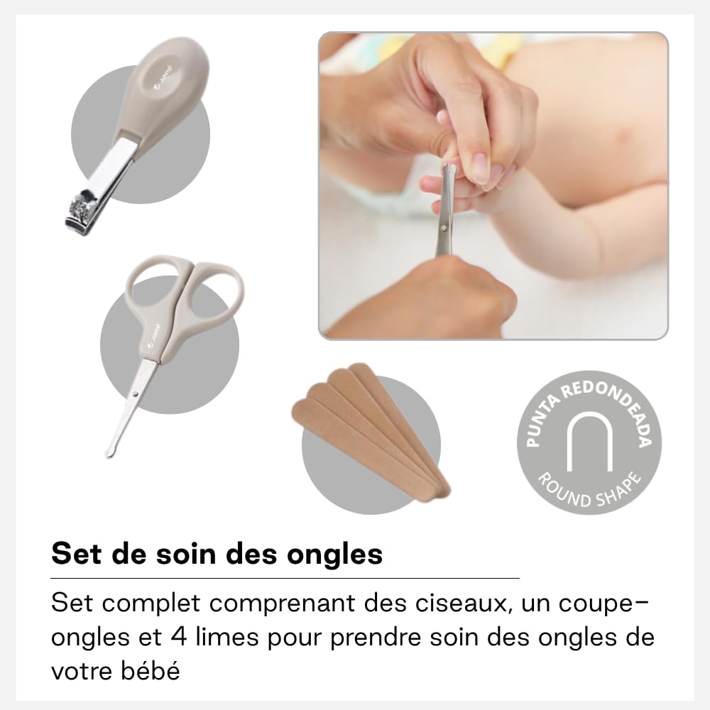 Jané Kit Hygiène Bébé avec Trousse, Set Complet Nouveau-né 8 Pièces, Brosse Poils Naturels, Ciseaux, Coupe-ongles, Lime, Brosse Dentaire Silicone, Beige