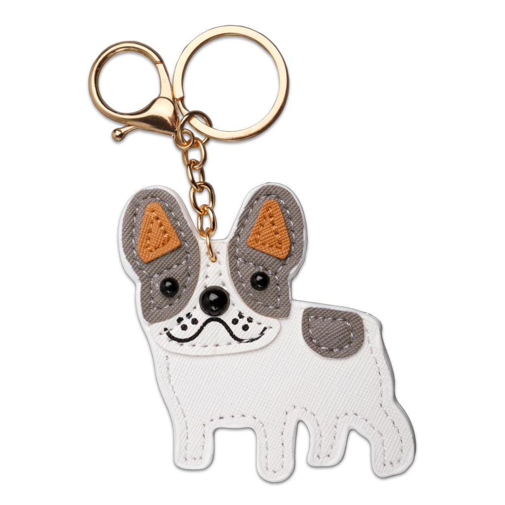 Harts Women's White French Bulldog (Frenchie) Keychain, Pu Leather Dog Charm, Gold Metal Ring, And Grey