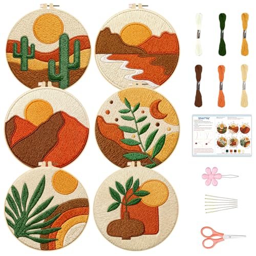 Image of BEUNITONE 6 Set Bohemian Starter Embroidery Kit with Pre-Stamped Pattern | Needlepoint Craft Kits with Embroidery Hoops, Complete DIY Handmade Embroidery Set for Home Decor and Festival Gifts 20x20cm