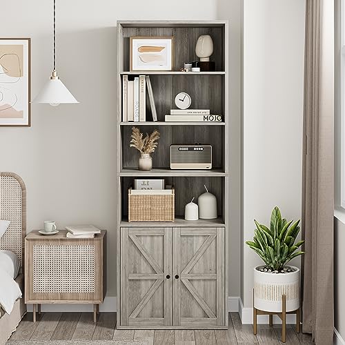 IDEALHOUSE Bookcase with Doors Industrial Bookshelf 11.8in Depth Display Storage Shelves 71.4in Tall Farmhouse Bookcases Wooden 6 Shelf Bookshelvels for Bedroom, Living Room, Home Office, Grey