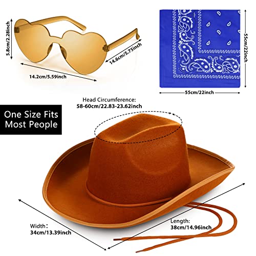 9 Pieces Cowboy Hat For Adult With Adjustable Neck Drawstring, Paisley Print Bandanas Cowboy Bandanas Unisex Head Wrap Scarf Heart Shape Sunglasses Western Fancy Dress Accessory (Brown, Blue) #TOP2