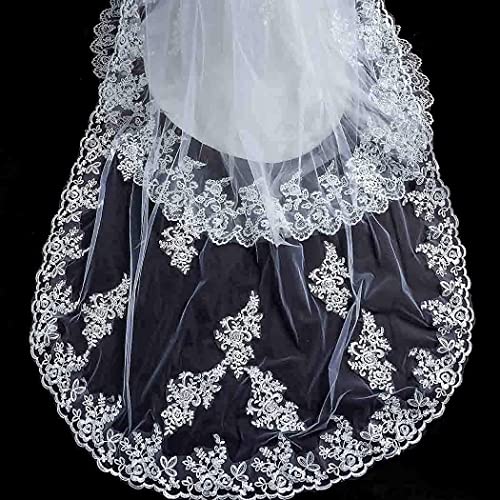Bmirth 1 Layer Bridal Wedding Veil Cathedral Long Length Lace Bride Tulle Hair Accessories With Comb For Women Floral 118" Veil Headpeice (White) #TOP3